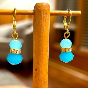 NEW blue crystal earrings w rhinestone spacers with lever backs, glam, bling